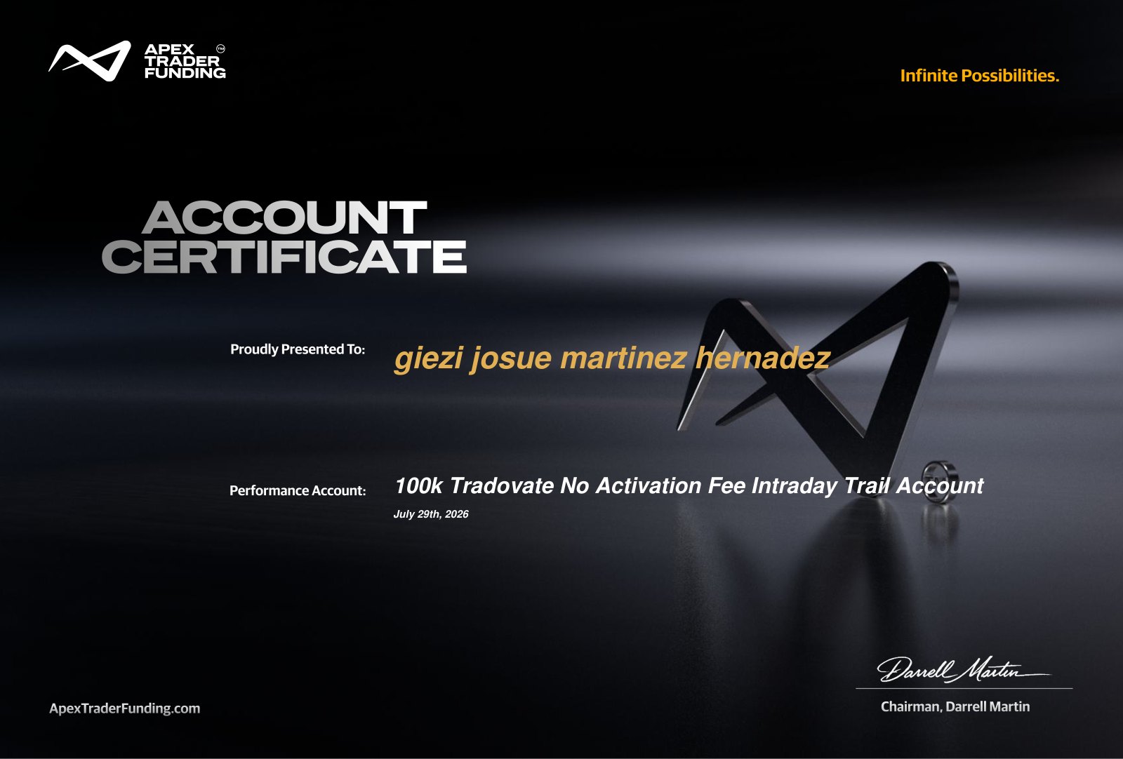 Certificado Apex Trader Funding — Cuenta 100k Tradovate No Activation Fee Intraday Trail aprobada por Giezi Martinez el 29 de julio de 2026